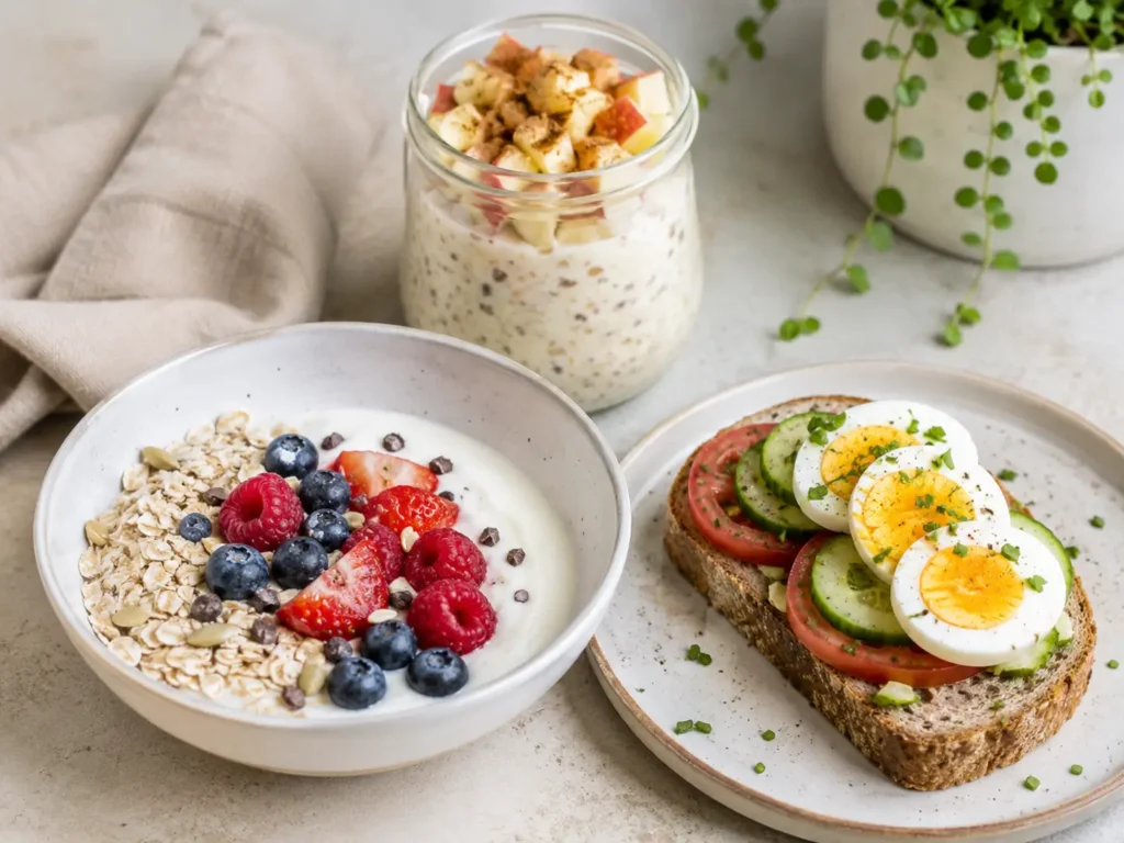 Frühstück zum Abnehmen Ideen mit Skyr Bowl, Vollkornbrot und Overnight Oats