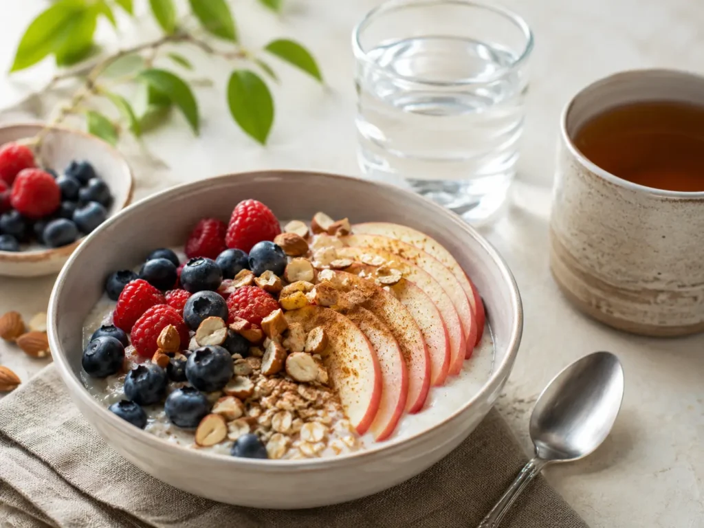 Frühstück zum Abnehmen mit Skyr, Haferflocken, Beeren, Apfel und Nüssen