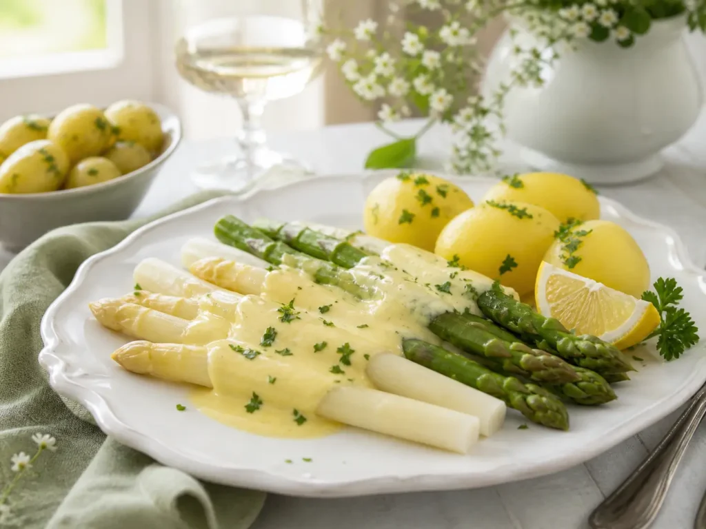 Gekochter Spargel mit Kartoffeln und Sauce Hollandaise serviert