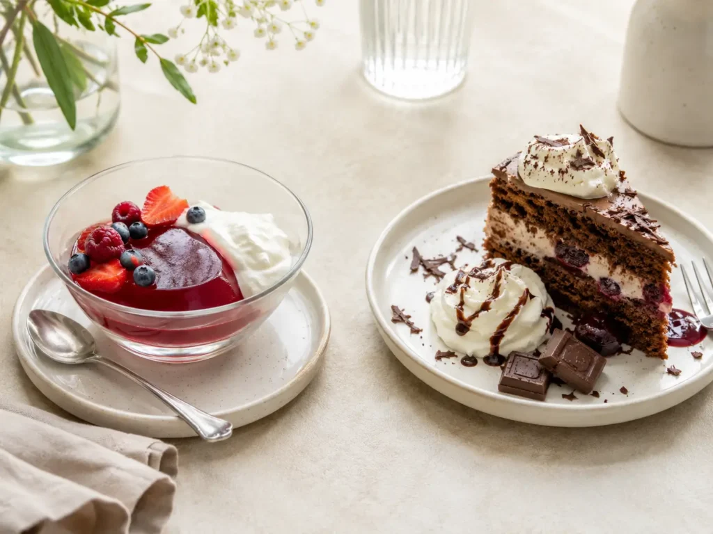 Vergleich zwischen leichtem Gelatine Dessert und kalorienreichem Dessert beim Abnehmen