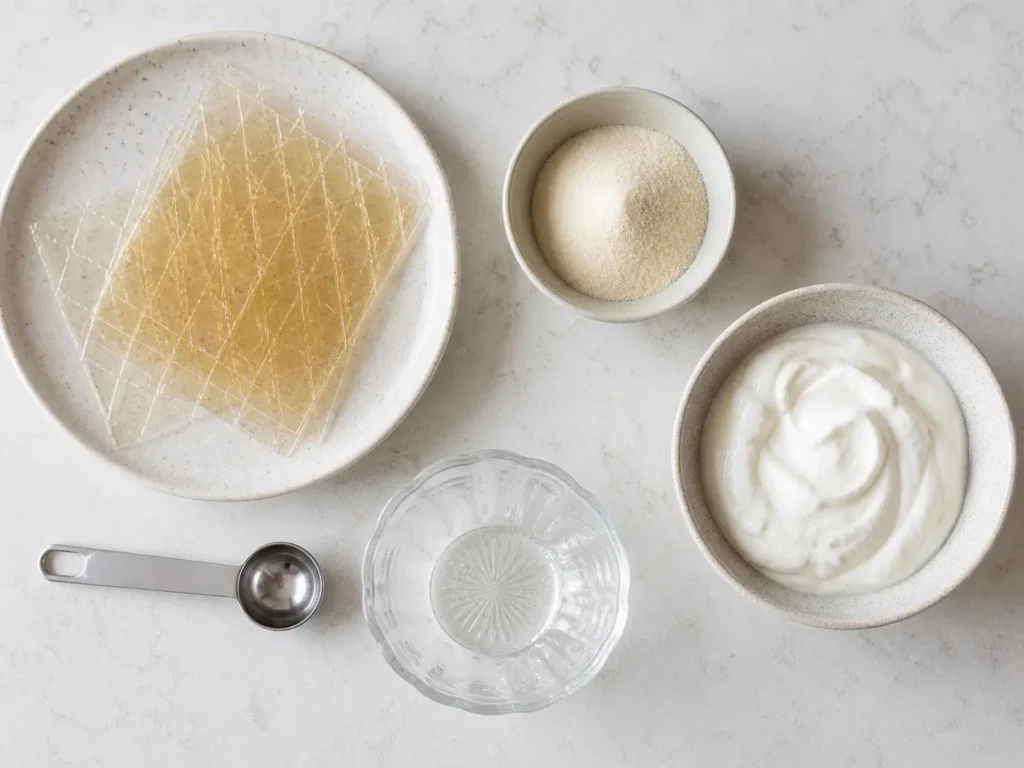 Gelatinepulver Blattgelatine und kleine Schale Joghurtcreme für bariatrische Rezepte