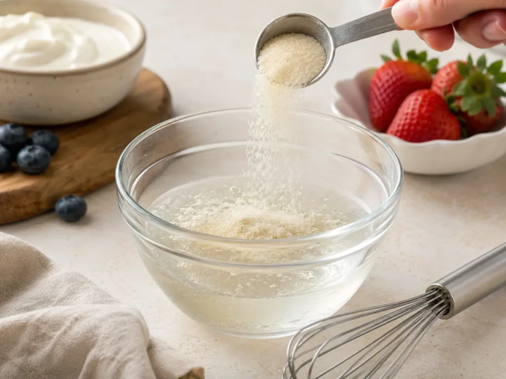 Gelatine Pulver mit kalter Flüssigkeit anrühren und quellen lassen