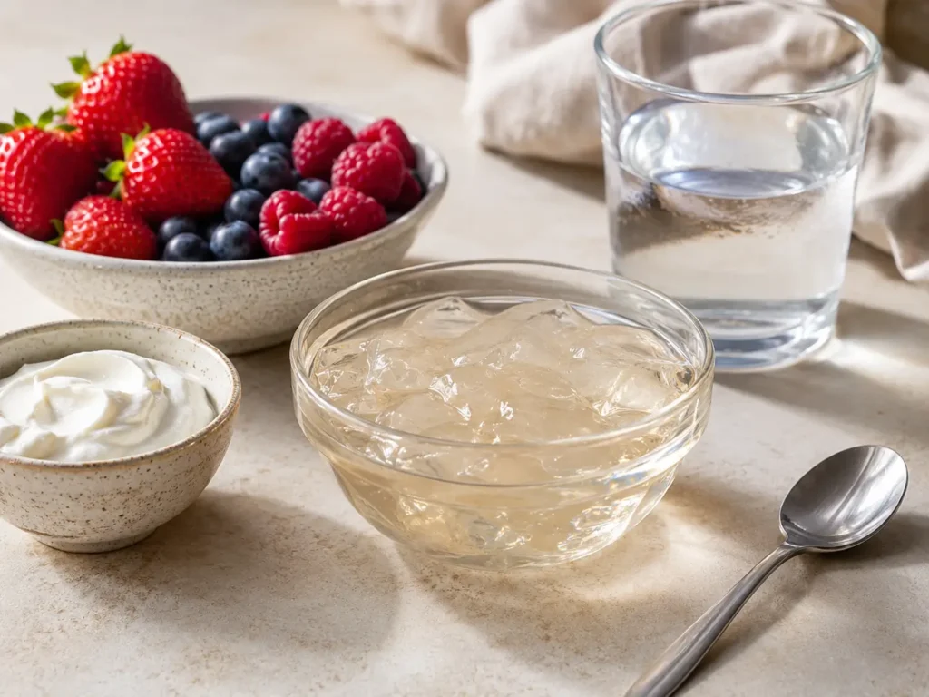 Gelatine zum Abnehmen als leichtes Dessert mit Beeren, Skyr und Wasser