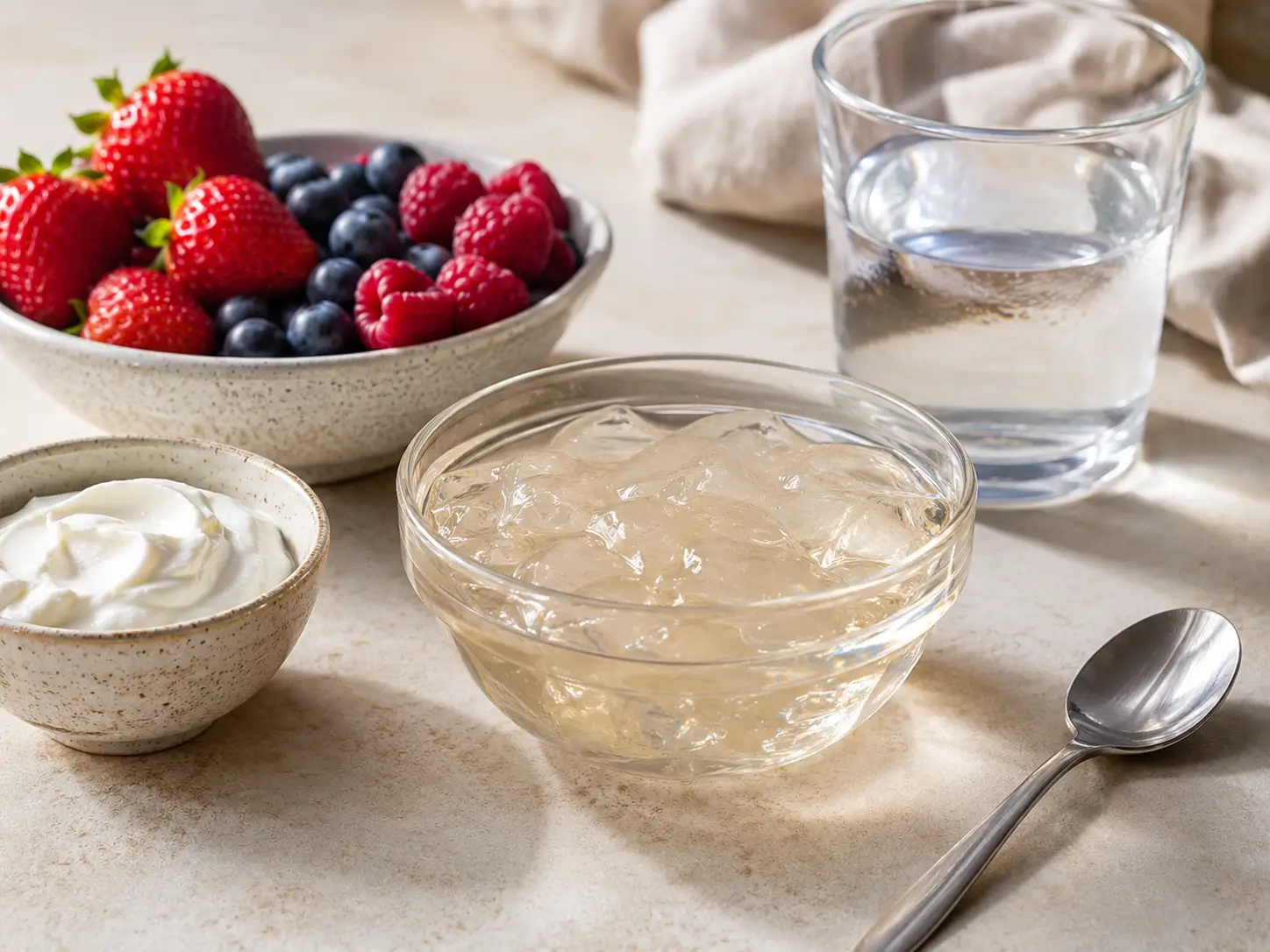 Gelatine zum Abnehmen als leichtes Dessert mit Beeren, Skyr und Wasser