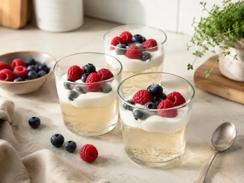 Kalorienarmes Gelatine Dessert zum Abnehmen mit Beeren und Skyr