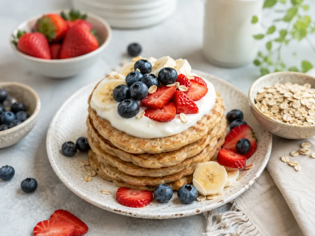 Gesündere Pfannkuchen mit Haferflocken, Dinkelmehl, Joghurt und frischem Obst