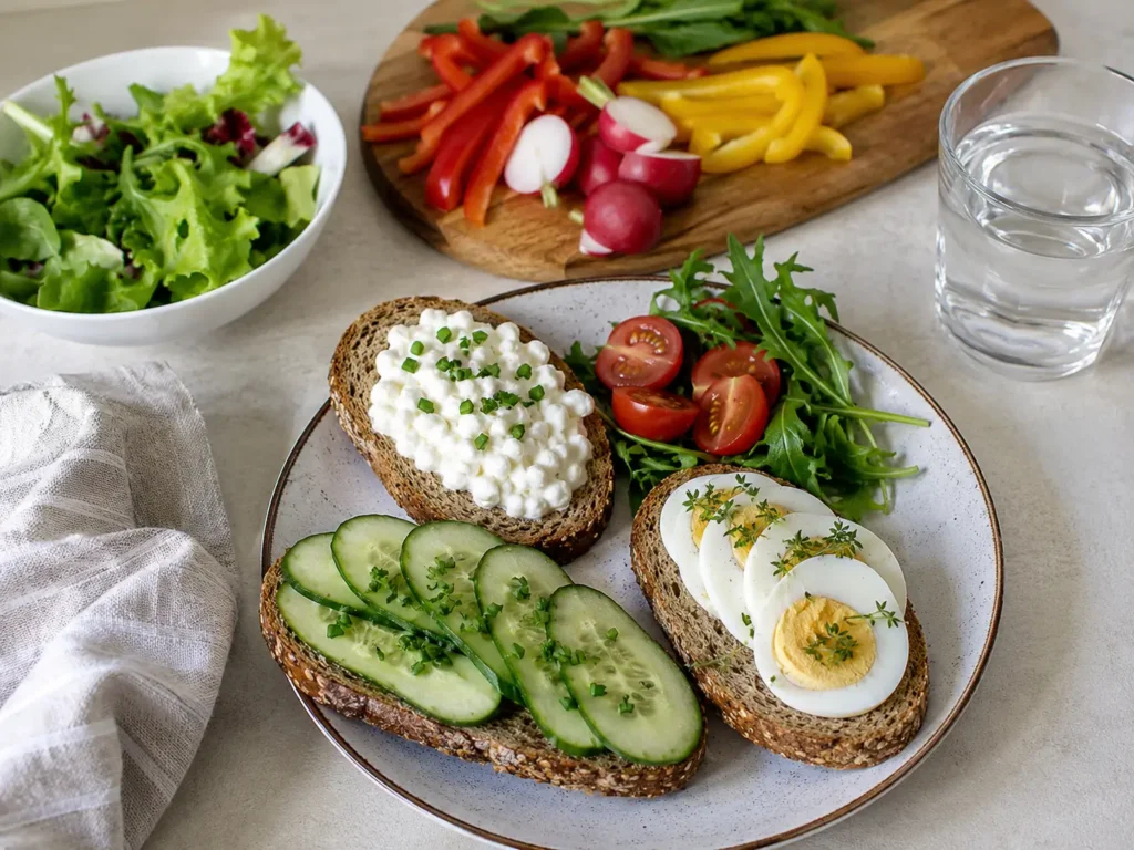 Gesundes Abendbrot zum Abnehmen mit Vollkornbrot Hüttenkäse Ei und Gemüse