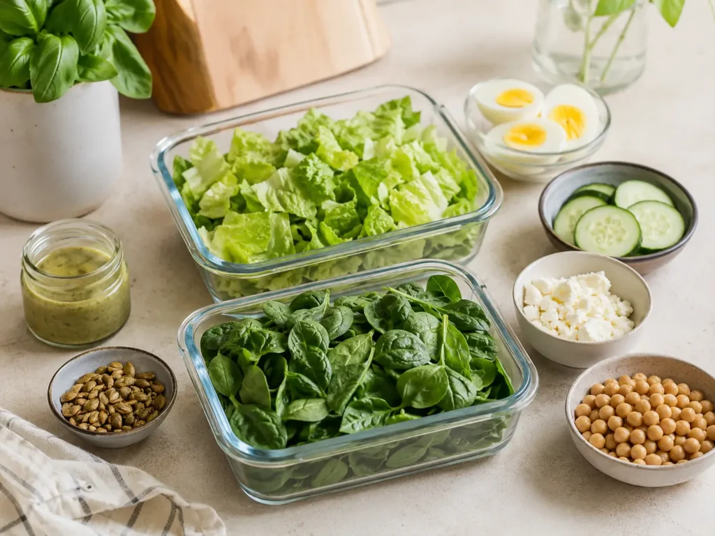 Grüner Salat Rezepte für Meal Prep mit Dressing im Glas und Toppings