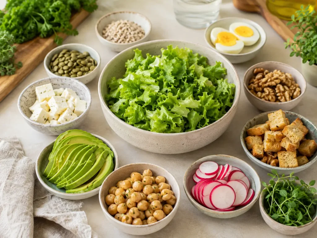 Toppings für grüner Salat Rezepte mit Ei, Feta, Avocado, Kichererbsen und Kernen