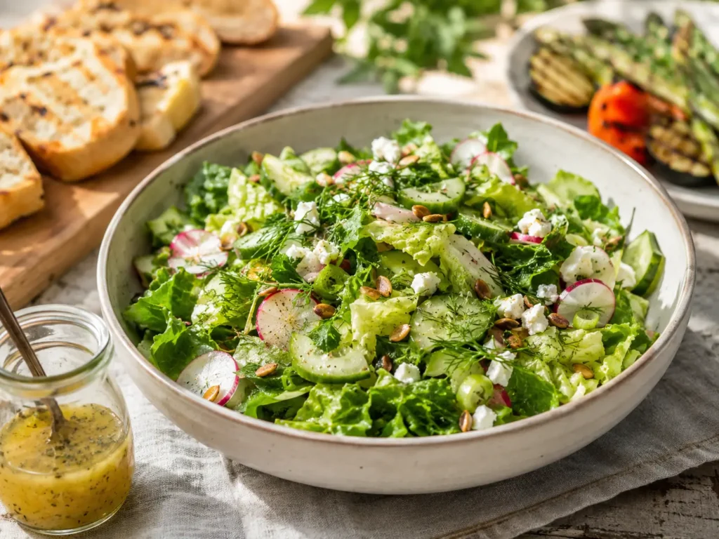 Grüner Salat zum Grillen mit Gurke, Radieschen, Feta und Dressing