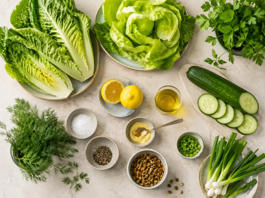 Zutaten für grüner Salat Rezepte mit Blattsalat, Gurke, Kräutern und Dressing