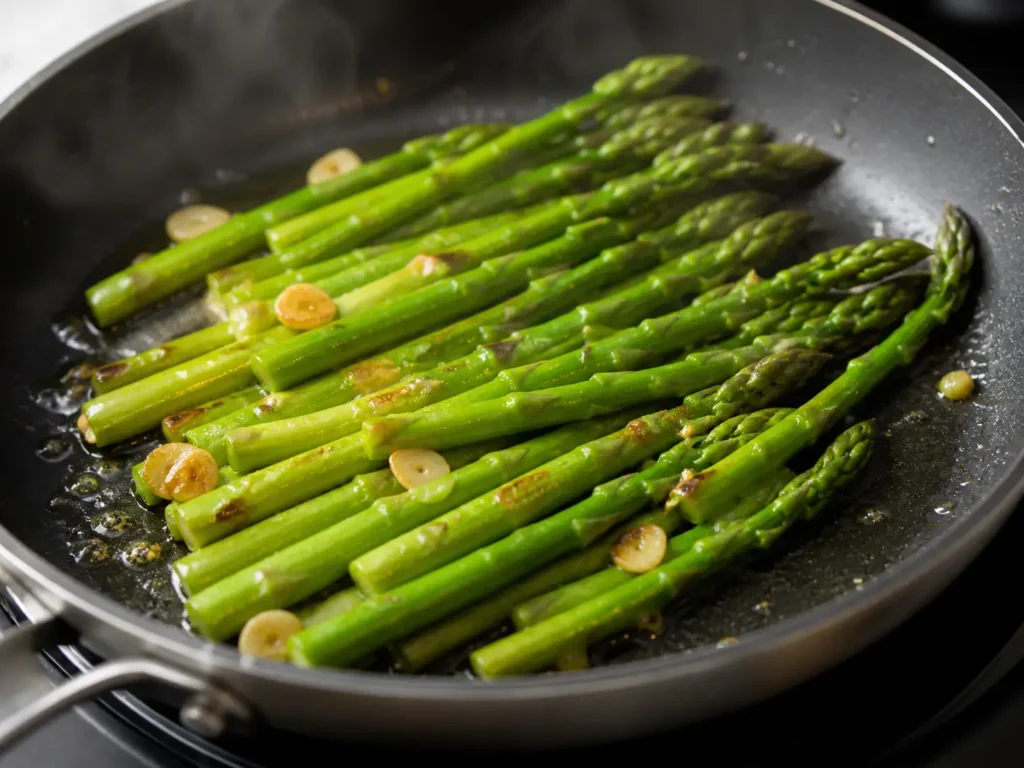 Grüner Spargel in der Pfanne braten