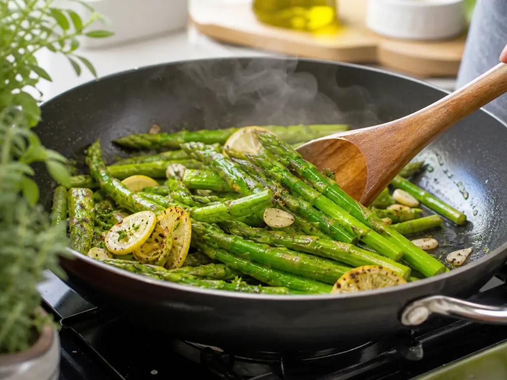 Grüner Spargel wird in der Pfanne mit Knoblauch und Zitrone gebraten