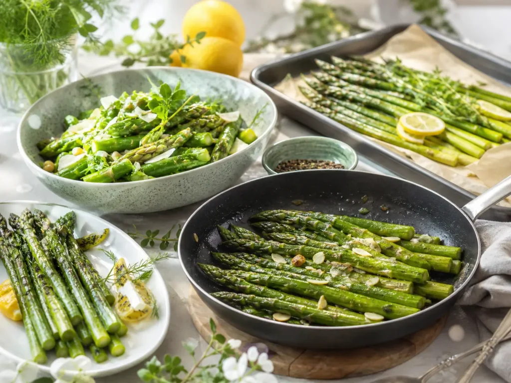 Verschiedene Rezeptideen mit grünem Spargel aus Pfanne Ofen und Grill