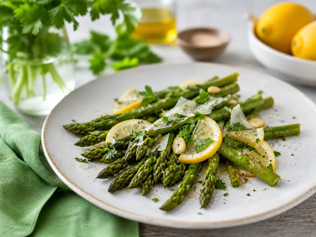 Grüner Spargel Rezept aus der Pfanne mit Zitrone Knoblauch und frischen Kräutern