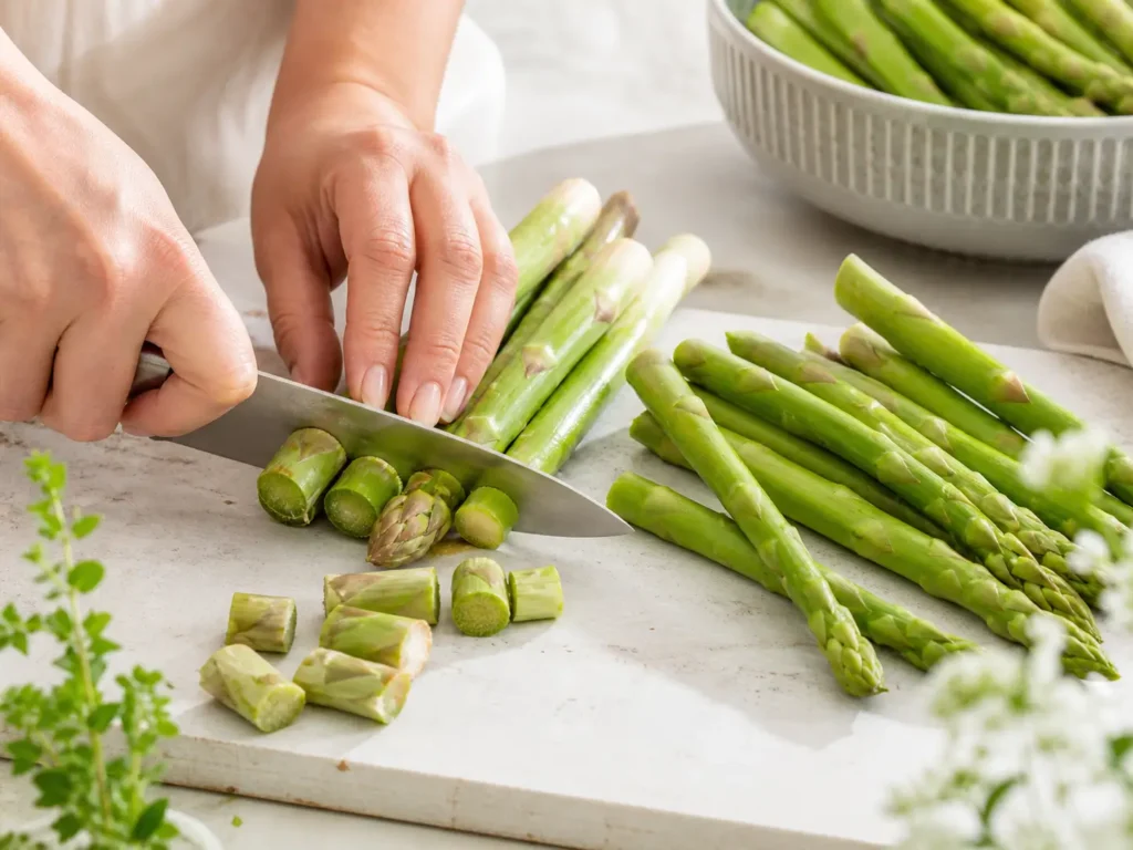 Grüner Spargel vorbereiten und holzige Enden abschneiden