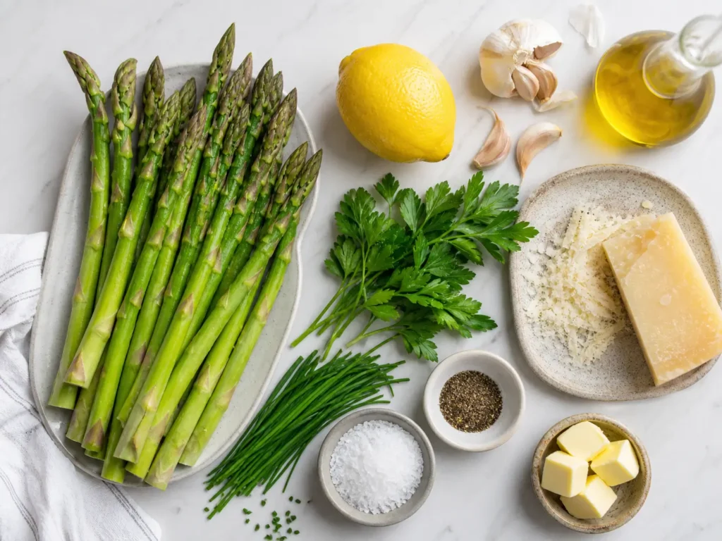 Zutaten für grünen Spargel mit Zitrone Knoblauch Olivenöl Parmesan und Kräutern
