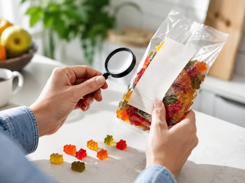 Zutatenliste von Gummibärchen prüfen, um Gelatine in Süßigkeiten zu erkennen