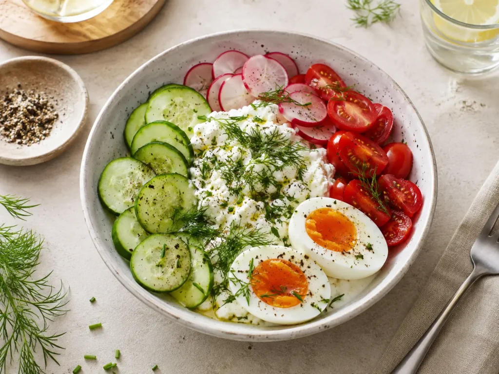 Gurken Hüttenkäse Bowl als leichtes Abendessen ohne Kohlenhydrate