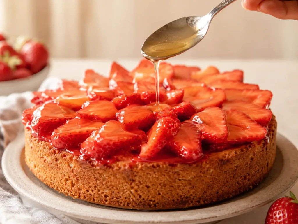 Guss ohne Gelatine wird über frische Erdbeeren auf Erdbeerkuchen gegeben