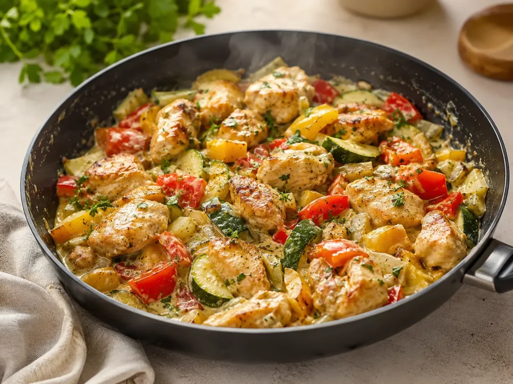 Hähnchen-Gemüse-Pfanne ohne Kohlenhydrate mit Zucchini und Paprika