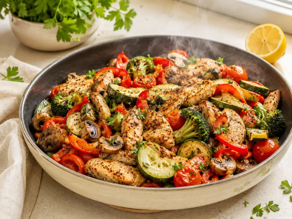 Hähnchen Gemüse Pfanne als einfaches Essen ohne Kohlenhydrate