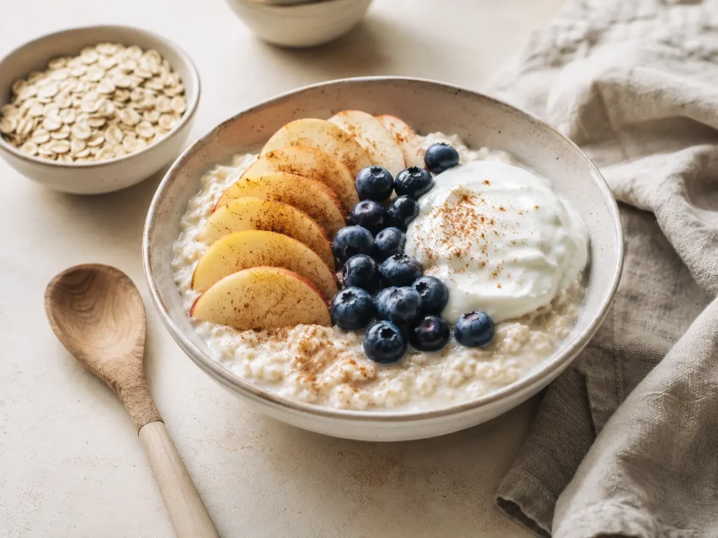 Haferflocken Frühstück zum Abnehmen mit Porridge, Apfel, Beeren und Skyr