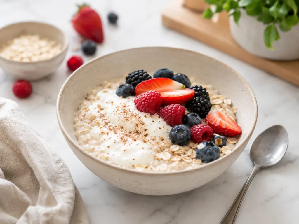 Haferflocken mit Skyr und Beeren zum Abnehmen in einer cremigen Frühstücksbowl