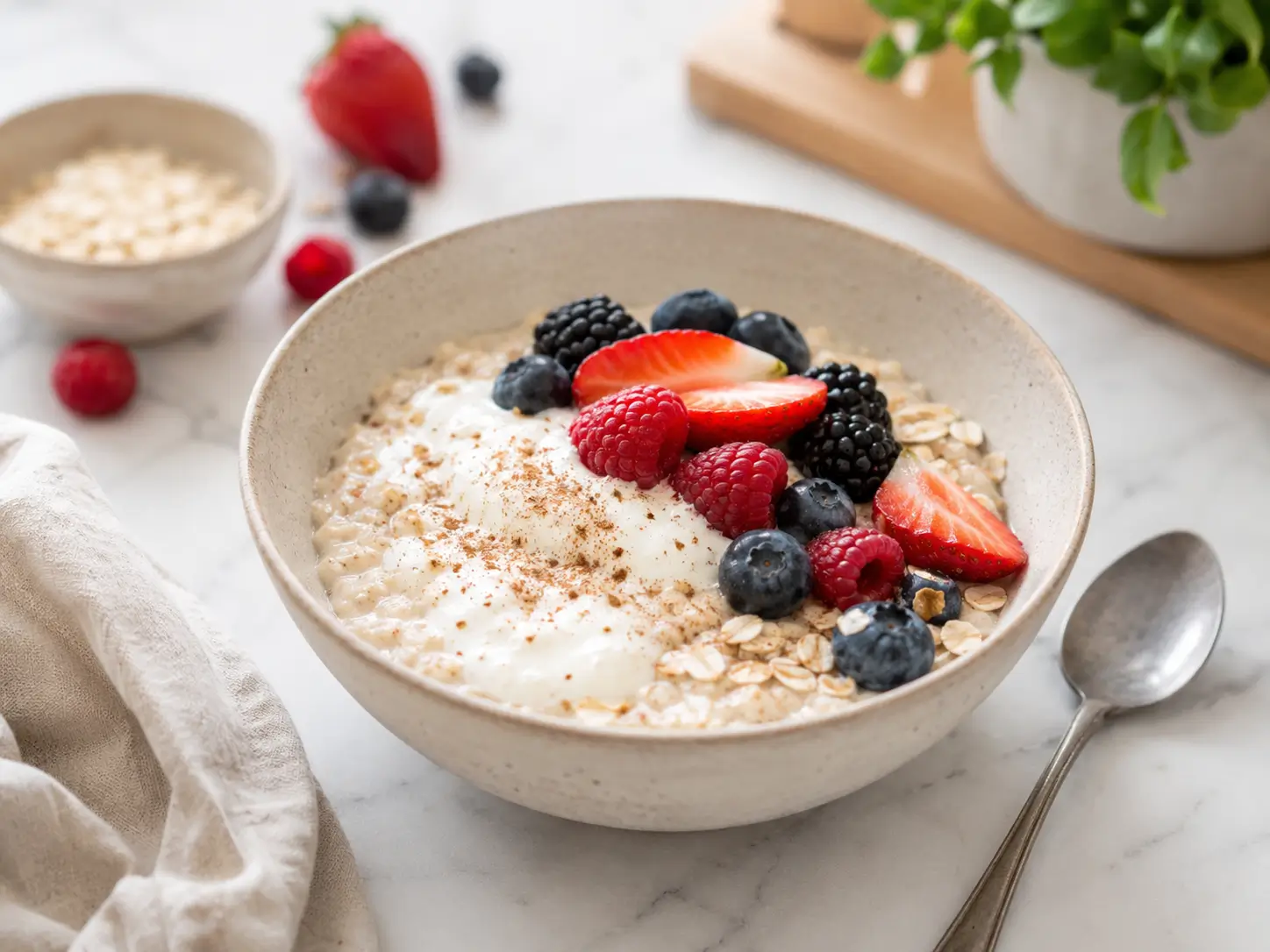Haferflocken mit Skyr und Beeren zum Abnehmen in einer cremigen Frühstücksbowl