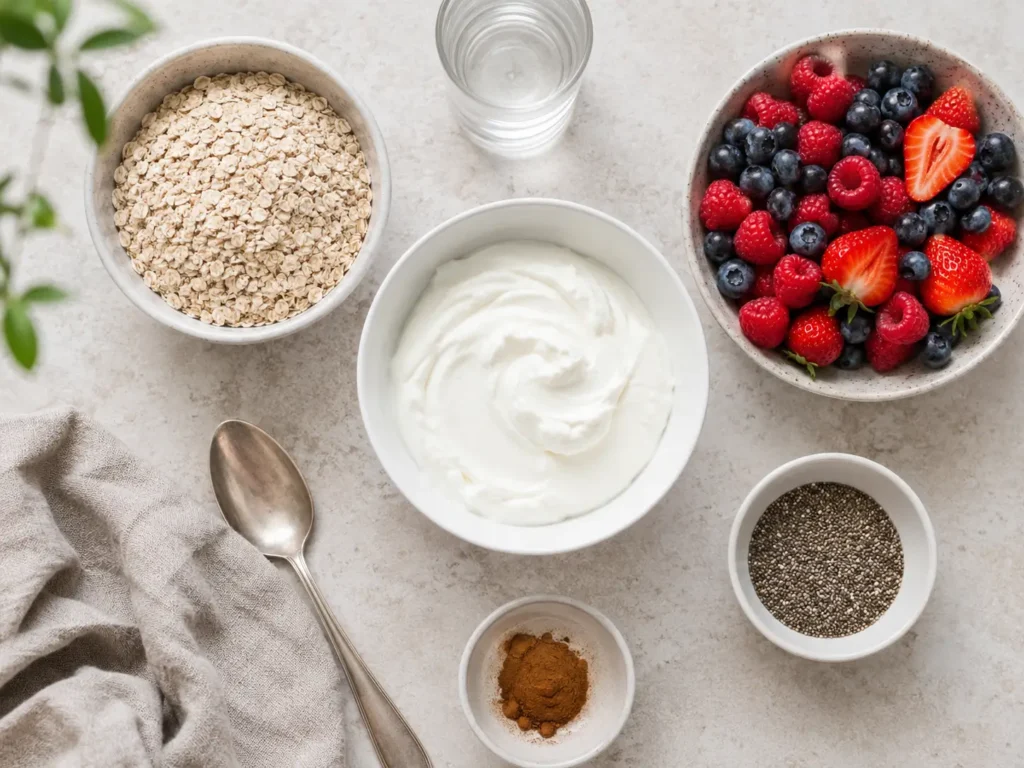 Zutaten für Haferflocken mit Skyr zum Abnehmen mit Beeren, Zimt und Chiasamen