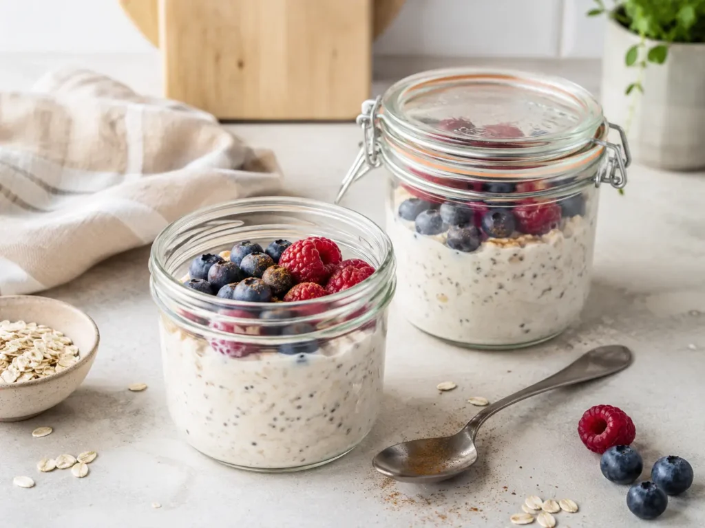 Haferflocken Skyr Meal Prep im Glas mit Beeren für ein schnelles Frühstück