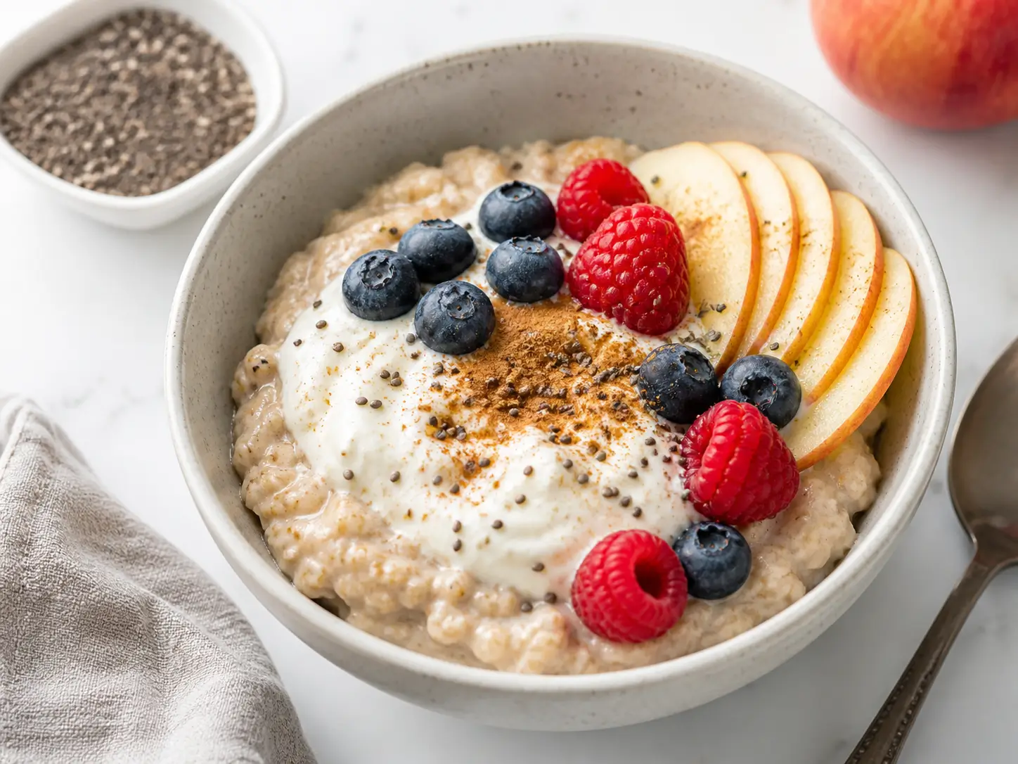 Haferflocken Trick zum Abnehmen mit Beeren Skyr und Zimt in einer gesunden Frühstücksbowl