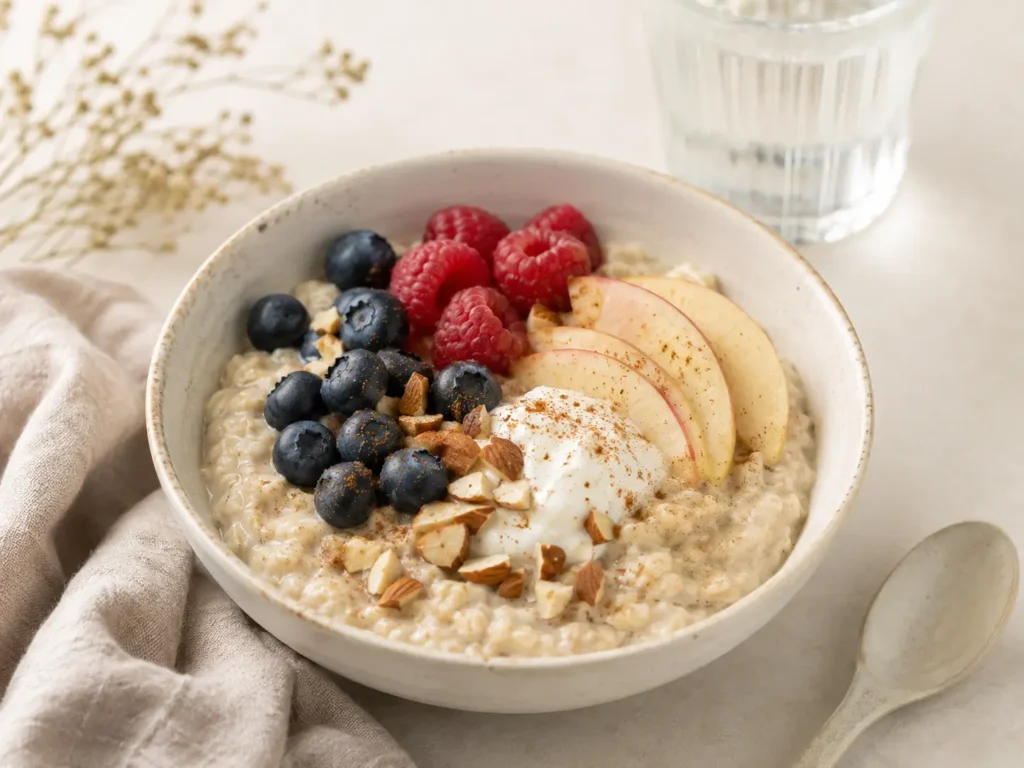 Haferflocken Trick zum Abnehmen mit Beeren, Skyr und Zimt in einer Frühstücksschale