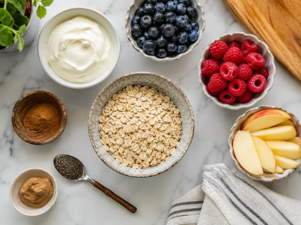 Haferflocken zum Abnehmen mit Skyr, Beeren, Apfel, Zimt und kleinen Toppings