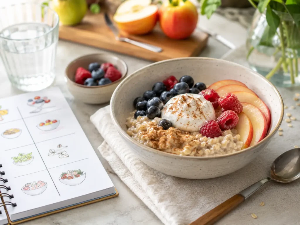 Hafertage abnehmen mit cremigem Porridge, Beeren, Apfel und Skyr