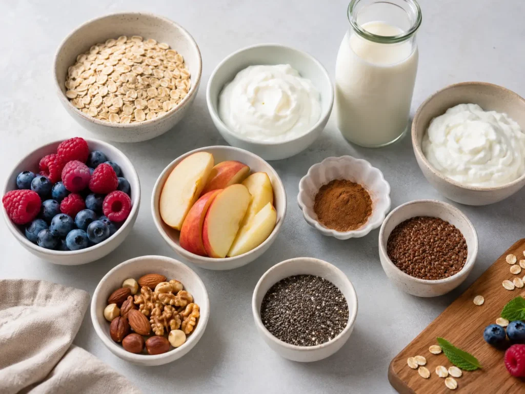 Gesunde Zutaten für Hafertage zum Abnehmen mit Haferflocken, Skyr, Obst und Samen