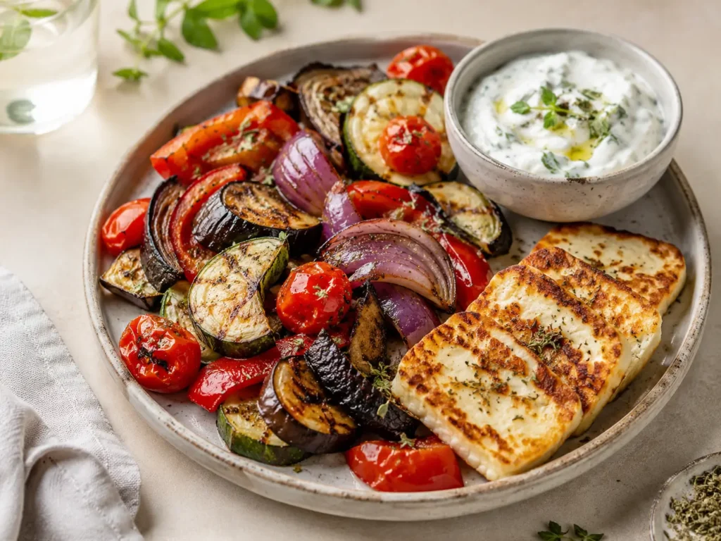Vegetarisches Low Carb Abendessen mit Halloumi und Ofengemüse