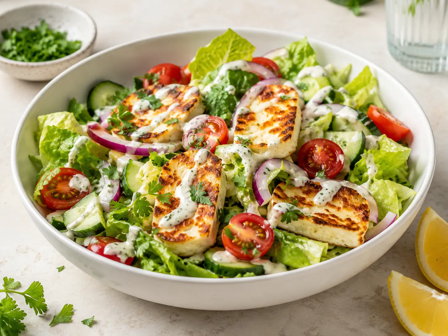 halloumi salat mit gebratenem Halloumi, Tomaten, Gurke und Joghurt-Dressing