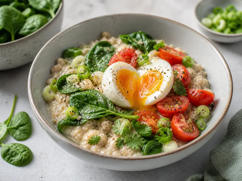 Herzhafte Haferflocken Bowl zum Abnehmen mit Ei Spinat Tomaten und Kräutern