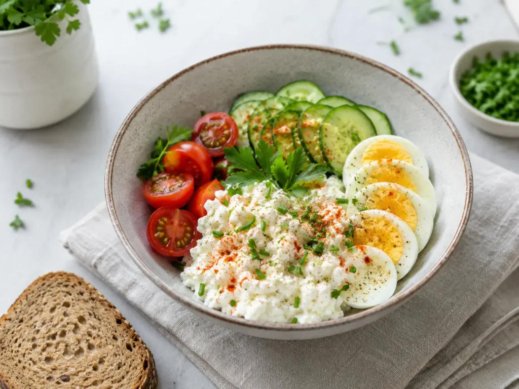 Herzhaftes Frühstück zum Abnehmen mit Hüttenkäse, Ei, Gurke und Tomaten