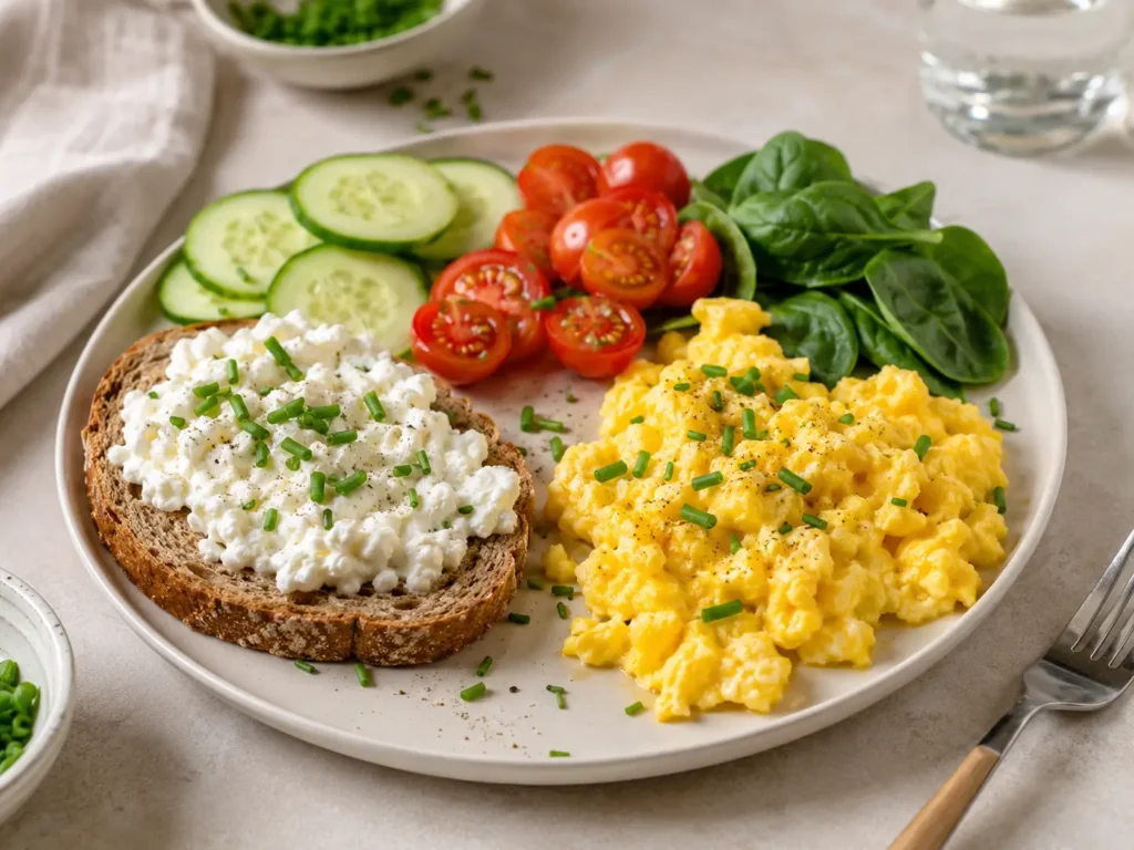 Herzhaftes Protein Frühstück mit Ei Hüttenkäse Vollkornbrot und Gemüse