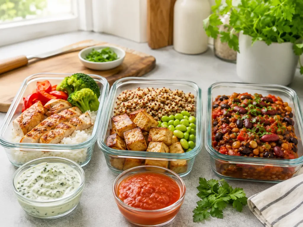 High Protein Abendessen Meal Prep mit Hähnchen, Tofu Bowl und Chili sin Carne