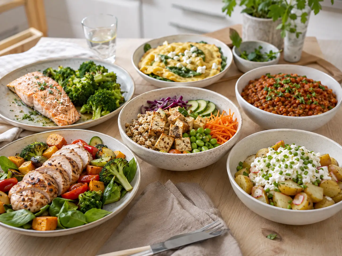 High Protein Rezepte Abendessen mit Hähnchen, Tofu, Lachs, Omelett und Linsen