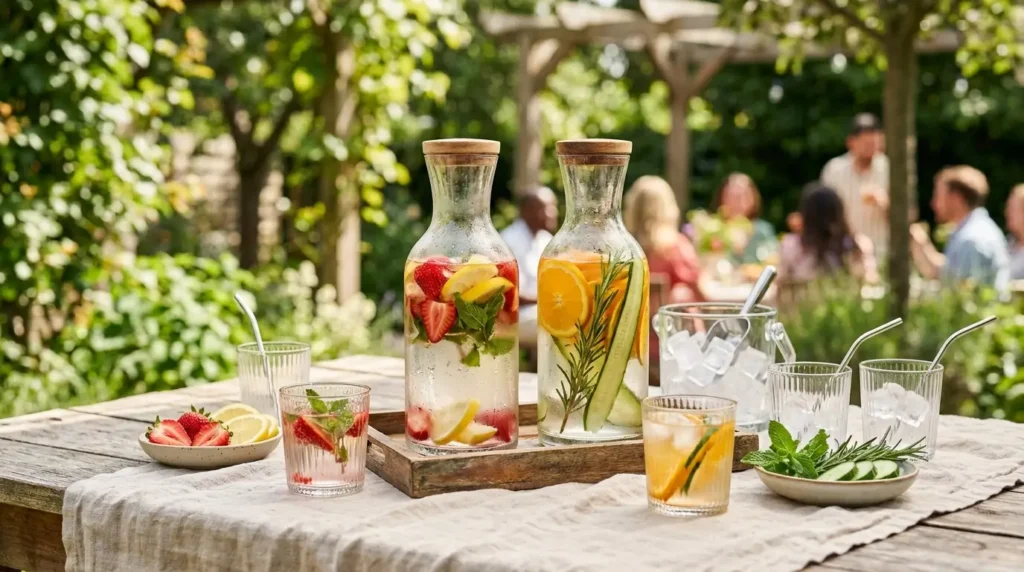 Infused Water für Gäste mit Erdbeeren Zitrone Orange Gurke und Kräutern
