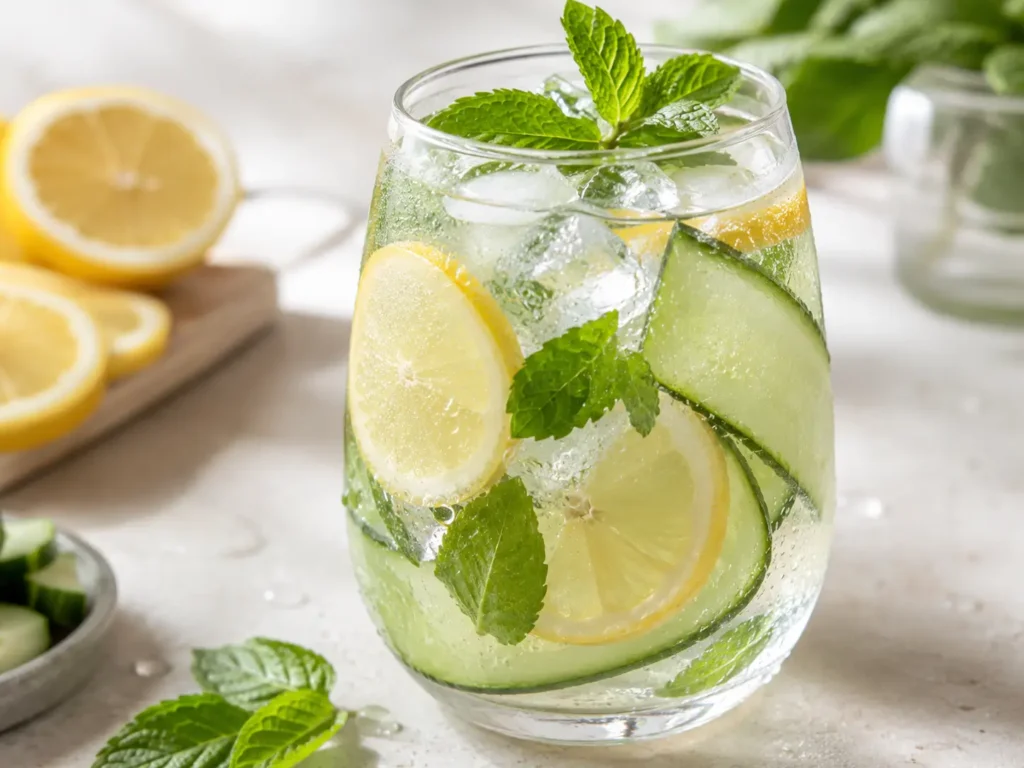 Glas Infused Water mit Zitrone Gurke Minze und Eiswürfeln