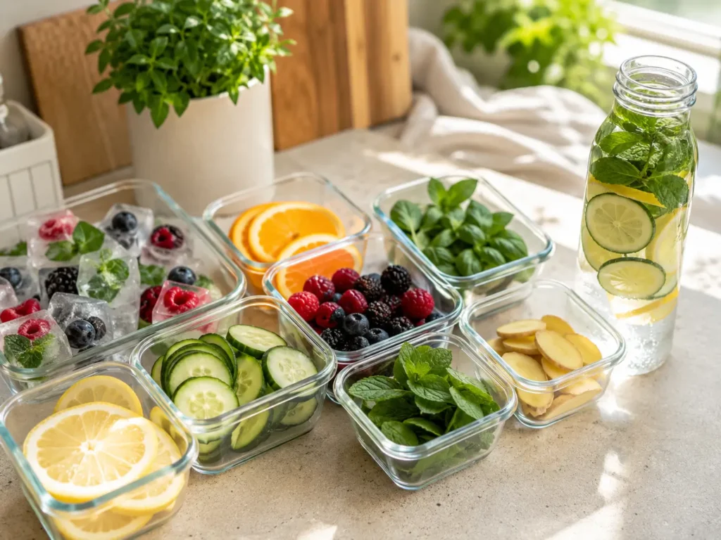Infused Water vorbereiten mit Früchten Kräutern und Aromaeiswürfeln
