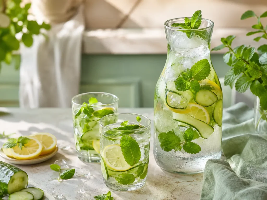 Infused Water mit Zitrone, Gurke und Minze in einer Glaskaraffe