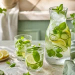 Infused Water mit Zitrone, Gurke und Minze in einer Glaskaraffe