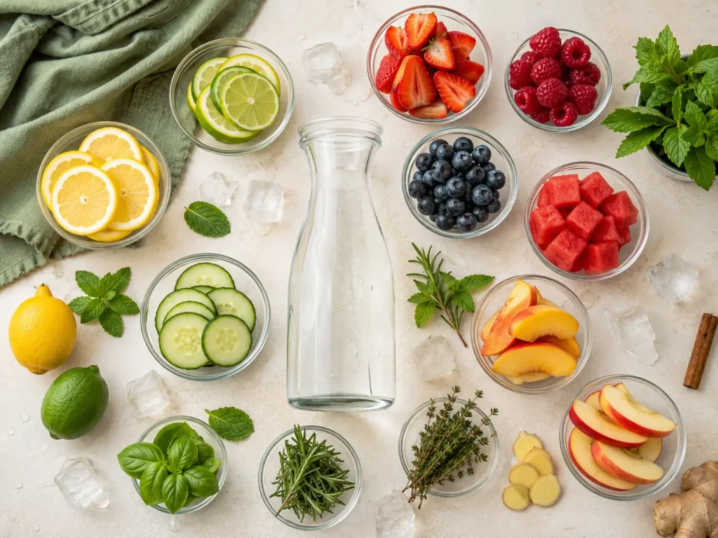 Zutaten für Infused Water mit Früchten, Kräutern und Zitrusfrüchten