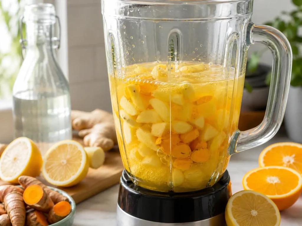 Ingwer Kurkuma Shot wird im Mixer mit Zitrone und Orange zubereitet